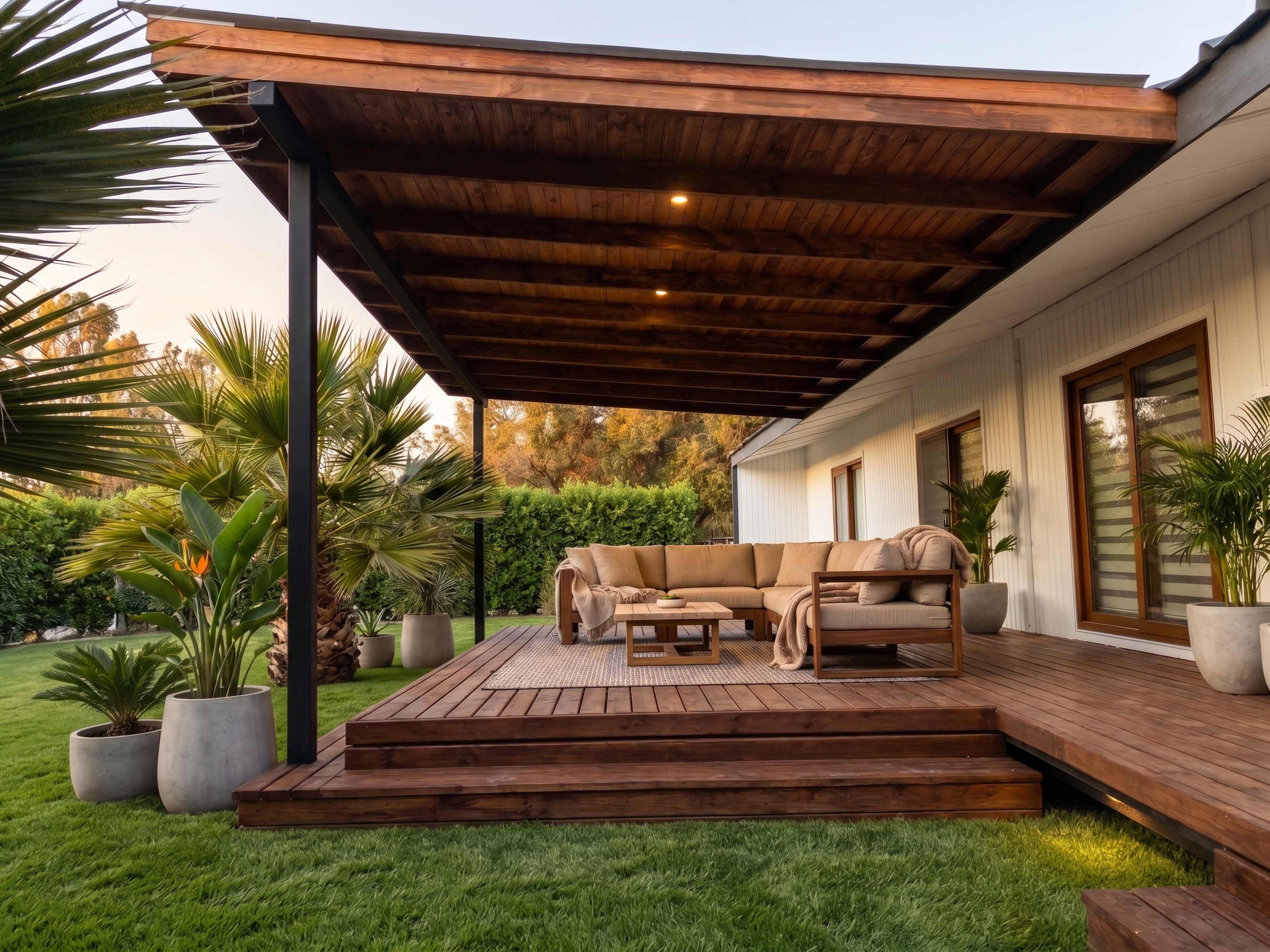 Pérgola bioclimática y terraza exterior de alto estándar construida por Grupo Macavi