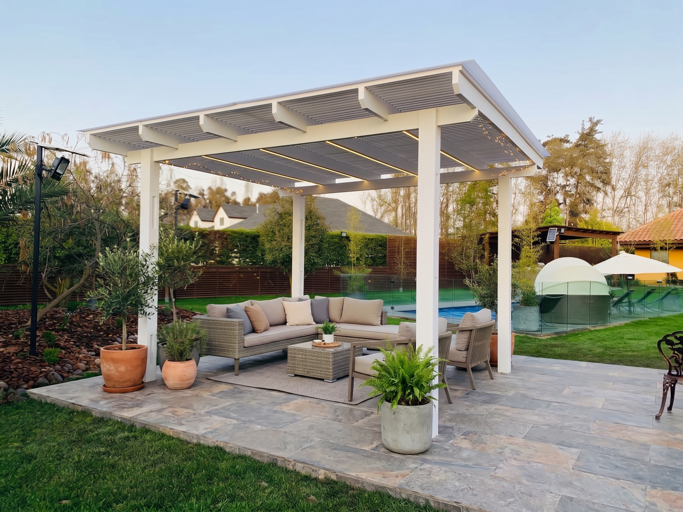 Pérgola Arquitectónica en Acero y Celosías de Sombra